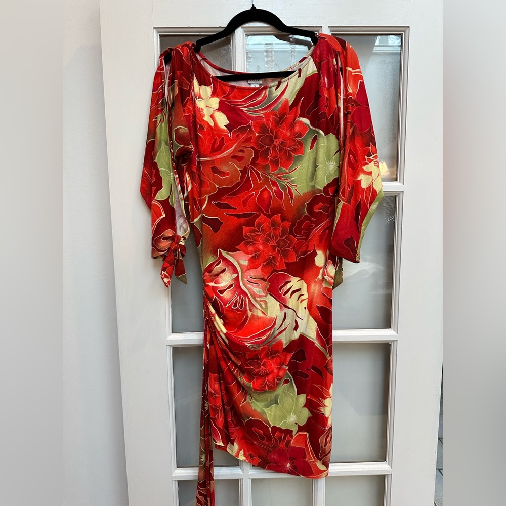 Vintage Cache Y2K Tropical Resort Red Green Floral Long Open Sleeve Dress Size S